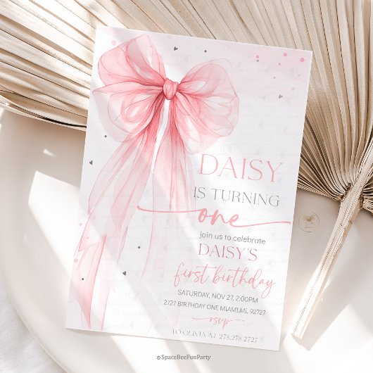 Invitation Bow Coquette Pink 1st Birthday 