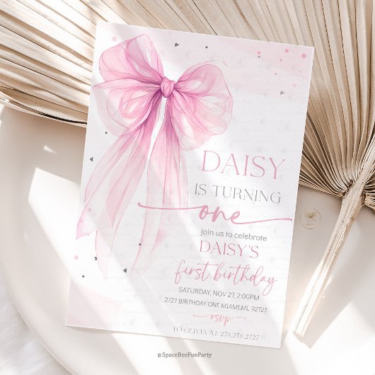 Invitation Bow Coquette Pink 1st Birthday 