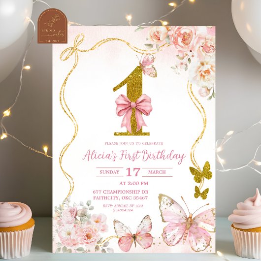 Invitation Bow Coquette Pink Butterfly First Birthday