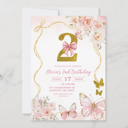 Invitation Bow Coquette Pink Butterfly Second Birthday (Devant)