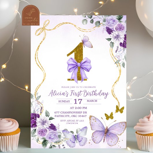 Invitation Bow Coquette Purple Butterfly First Birthday