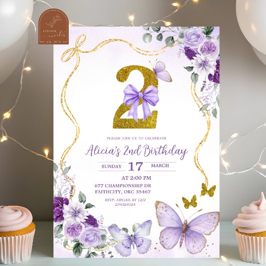 Invitation Bow Coquette Purple Butterfly Second Birthday