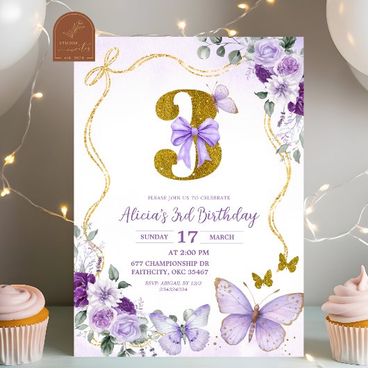 Invitation Bow Coquette Purple Butterfly Third Birthday