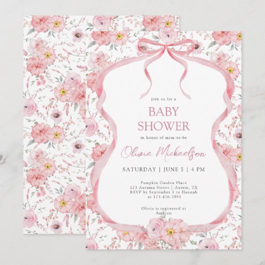 Invitation Bow Coquette rose floral ruban Baby shower fille (Devant / Derrière)