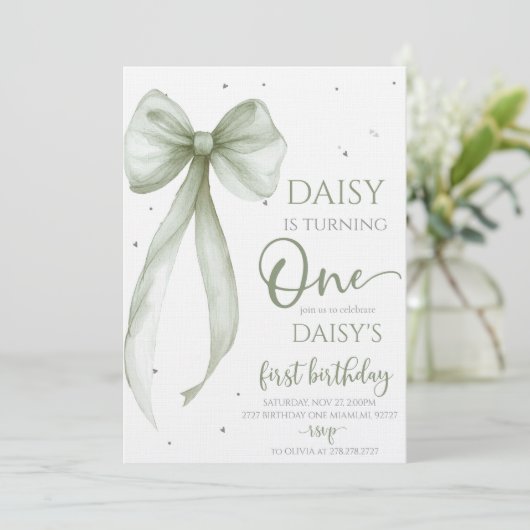 Invitation Bow Coquette Sage 1st Birthday (Debout devant)