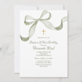 Invitation Bow Coquette Sage Green Baptême Élégant (Devant)