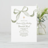 Invitation Bow Coquette Sage Green Baptême Élégant (Debout devant)