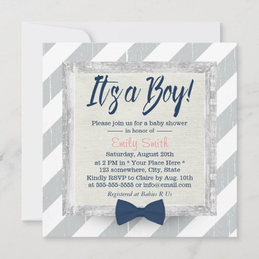 Invitation Bow Cravate bleu marine Baby shower Gris Gris  #2 (Devant)