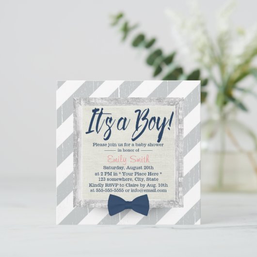 Invitation Bow Cravate Bleu Marine Baby shower Gris rayures (Debout devant)