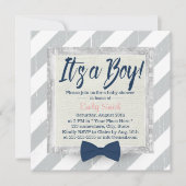 Invitation Bow Cravate Bleu Marine Baby shower Gris rayures (Devant)