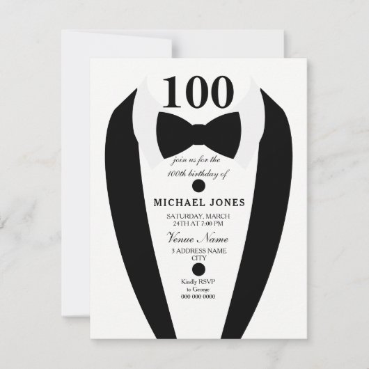 Invitation Bow Cravate Tuxedo Mens 100e anniversaire Invitati (Devant)