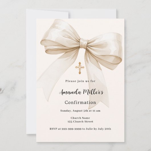 Invitation Bow crème beige fille Confirmation (Devant)