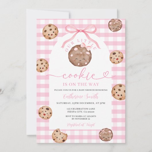 Invitation Bow CuOur Little Cookie Baby shower rose En vichy (Devant)