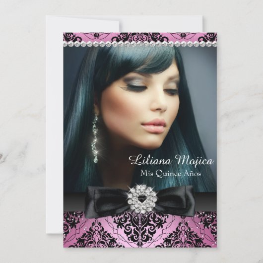 Invitation Bow & Damask Quinceanera rose noir diamant (Devant)