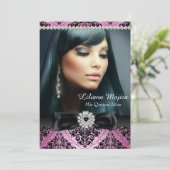 Invitation Bow & Damask Quinceanera rose noir diamant (Debout devant)