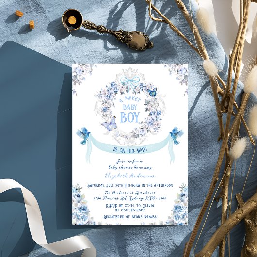 Invitation Bow Dusty Floral Crest Sweet Baby Baby shower garç