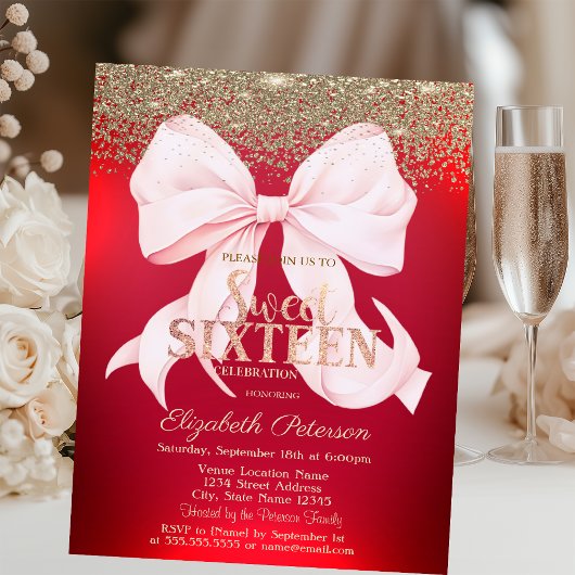 Invitation Bow Elegant Rose Or Diamant Rouge Douce 16