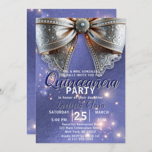 Invitation Bow en argent orné luxueux sur Quinceañera violet (Devant / Derrière)