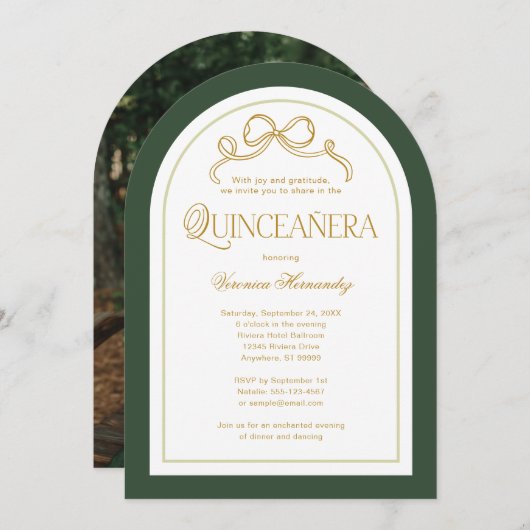 Invitation Bow en or vert de forêt 15e Quinceanera Anniversai (Devant / Derrière)