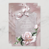 Invitation Bow en satin rose vif et Baby shower en dentelle R (Devant / Derrière)