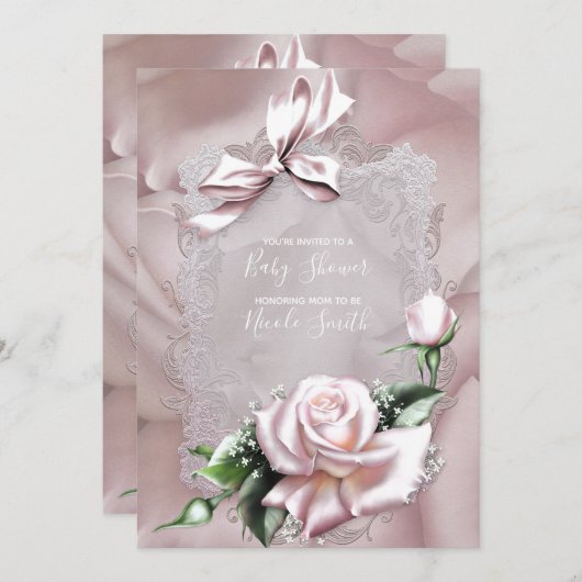 Invitation Bow en satin rose vif et Baby shower en dentelle R (Devant / Derrière)