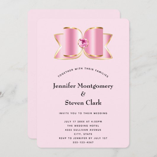 Invitation Bow en verre rose avec Mariage en pierre angulaire (Devant / Derrière)