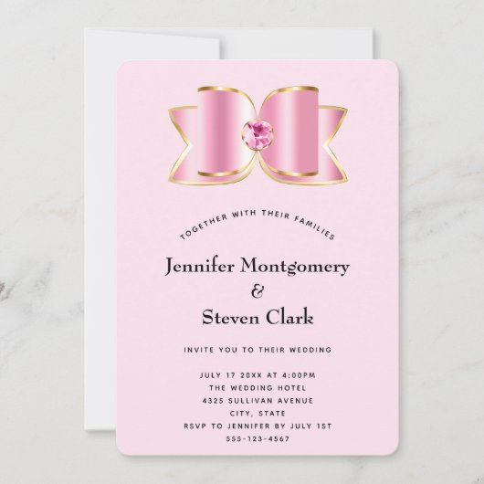 Invitation Bow en verre rose avec Mariage en pierre angulaire (Devant)