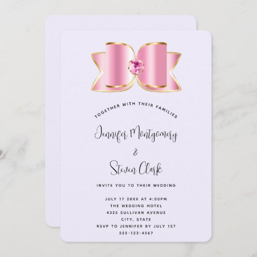 Invitation Bow en verre rose avec Mariage en pierre angulaire (Devant / Derrière)