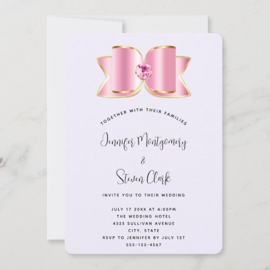 Invitation Bow en verre rose avec Mariage en pierre angulaire (Devant)
