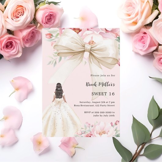 Invitation Bow fleurs roses robe crème Sweet 16