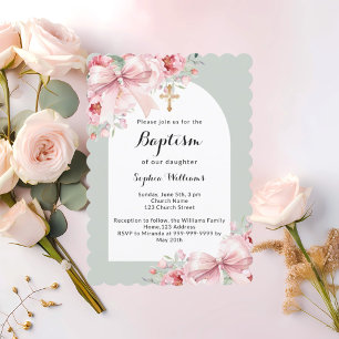 Invitation Bow flores roses arc croisé sauge vert baptême