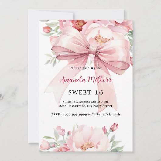 Invitation Bow flores roses doux 16 (Devant)