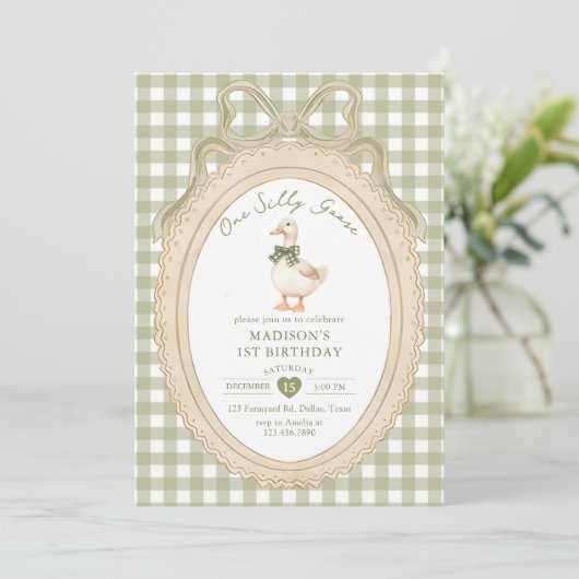 Invitation Bow Gingham One Silly Goose 1st Birthday (Debout devant)