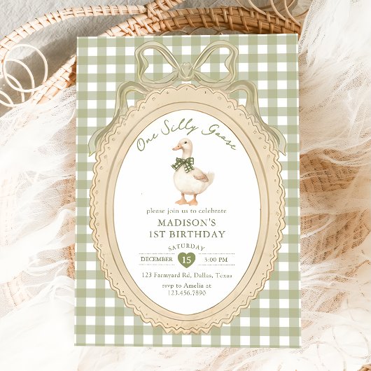 Invitation Bow Gingham One Silly Goose 1st Birthday