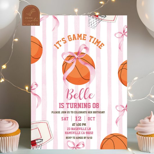 Invitation Bow Girl Basketball Birthday Game time