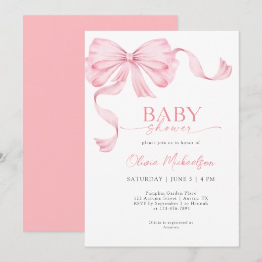 Invitation Bow Girl rose ruban Coquette Élégant Baby shower (Devant / Derrière)