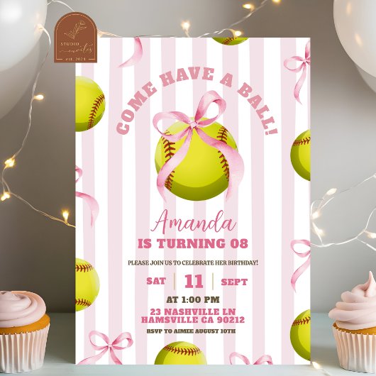 Invitation Bow Girl Softball Birthday Game time