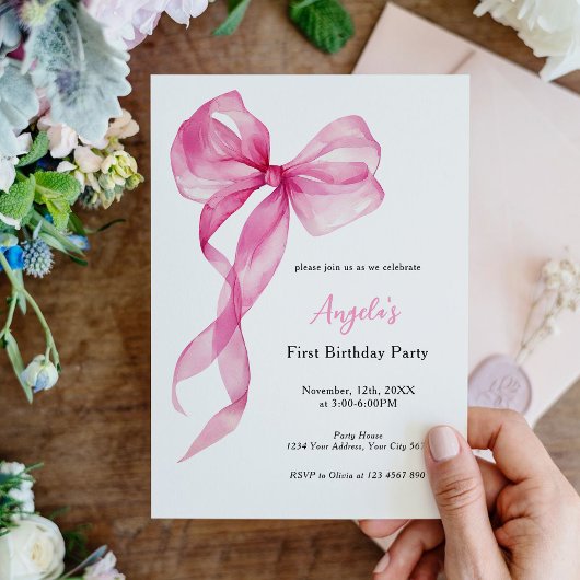 Invitation Bow Girls roses 1er anniversaire