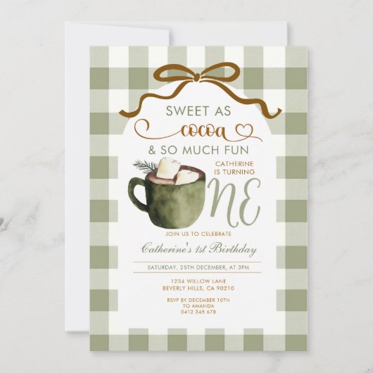 Invitation Bow Hot Cocoa 1st birthday Sage Green Gingham (Devant)