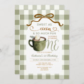Invitation Bow Hot Cocoa 1st birthday Sage Green Gingham (Devant / Derrière)