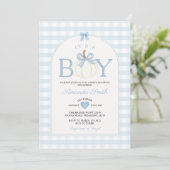 Invitation Bow It's A Boy Pumpkin Baby Shower Blue Gingham (Debout devant)