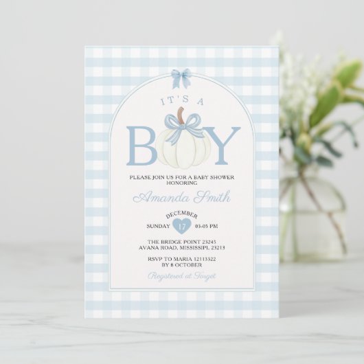 Invitation Bow It's A Boy Pumpkin Baby Shower Blue Gingham (Debout devant)