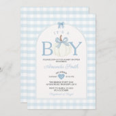Invitation Bow It's A Boy Pumpkin Baby Shower Blue Gingham (Devant / Derrière)