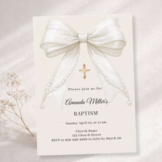Invitation Bow Ivory Cream Pearls Girl Elegant Baptism