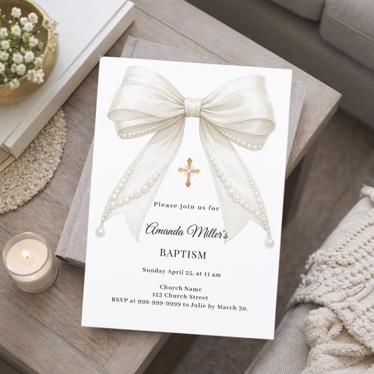 Invitation Bow Ivory Pearls Girl Elegant Baptism