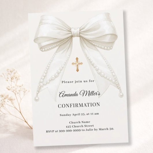 Invitation Bow ivory pearls girl elegant Confirmation