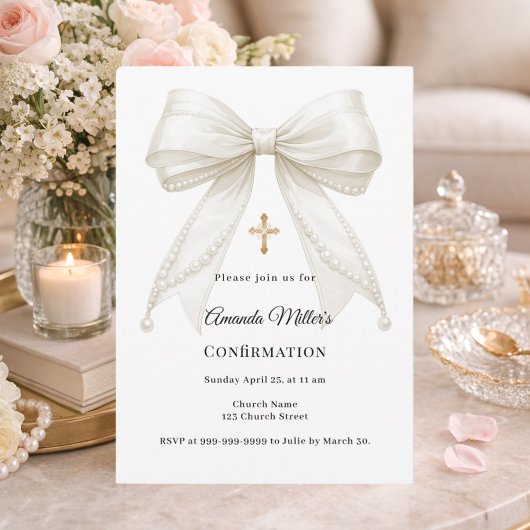 Invitation Bow ivory pearls girl elegant Confirmation