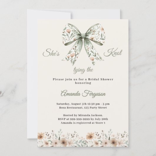 Invitation Bow neutral florals green ivory knot Bridal Shower (Devant)