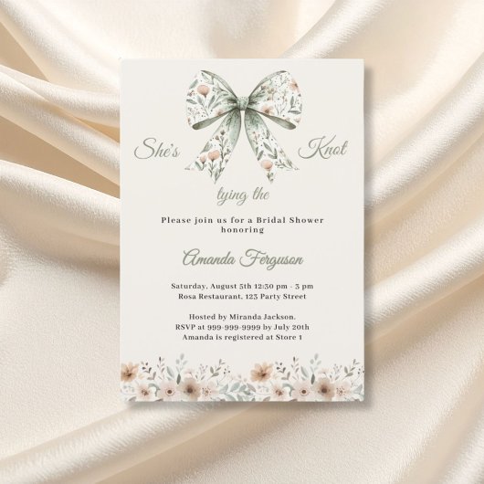 Invitation Bow neutral florals green ivory knot Bridal Shower