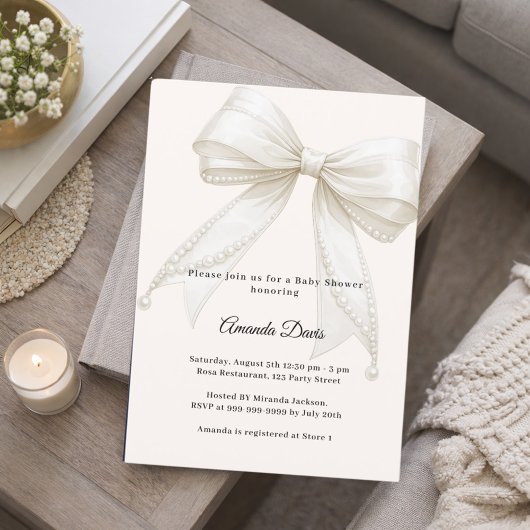 Invitation Bow neutral ivory pearls luxury Baby Shower